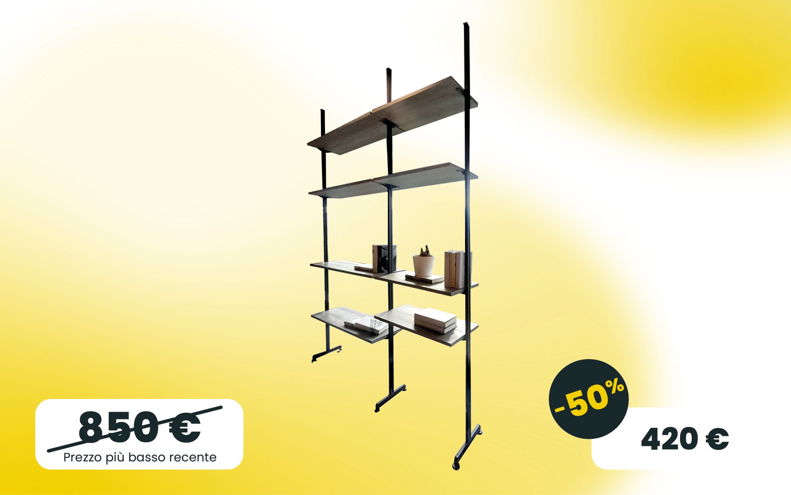 Libreria interparete struttura in metallo nero e mensole in Rovere grigio